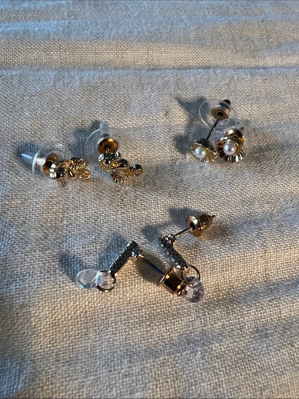 Gold-Tone Earring set - 3 pair blue drops, seahorse and shell/pearl